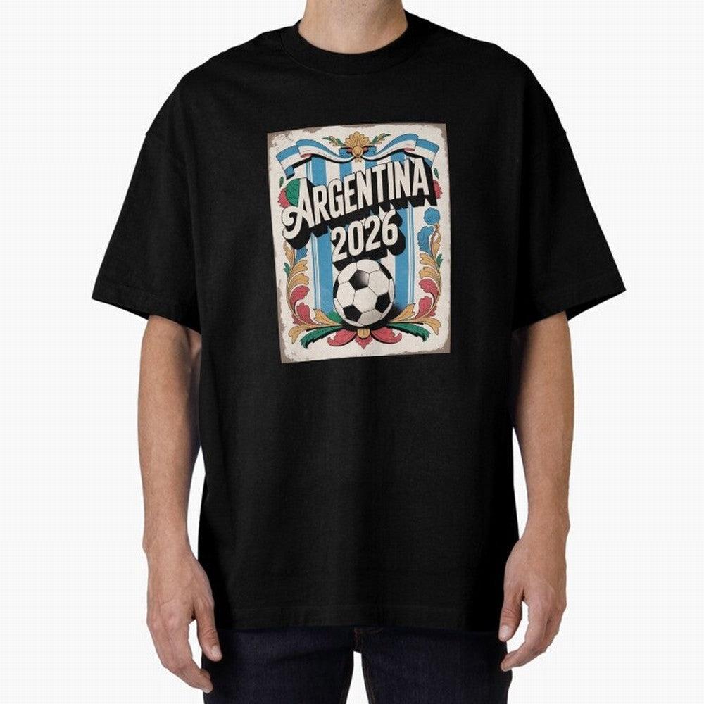 Argentina World Cup 2026 Filete Porte?o Vintage Football Poster - Buenos Aires Folk Art Fan Design Oversized T-Shirt Carry Global Football Passion for FIFA World Cup 2026 Group Stage, Centered on Haaland, England, France and Netherlands, Vintage