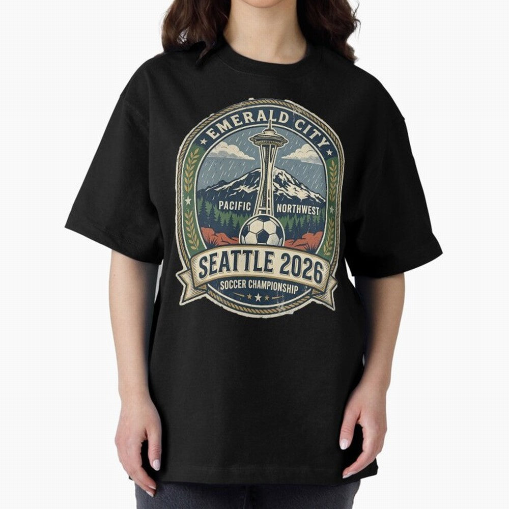Seattle 2026 World Cup Host City Vintage Football Badge ¡ª Emerald City Space Needle Soccer Oversized T-Shirt Celebrate Global Passion for FIFA World Cup 2026 Highlighting Haaland, Argentina, France and Brazil Energy, Match Day Excitement,