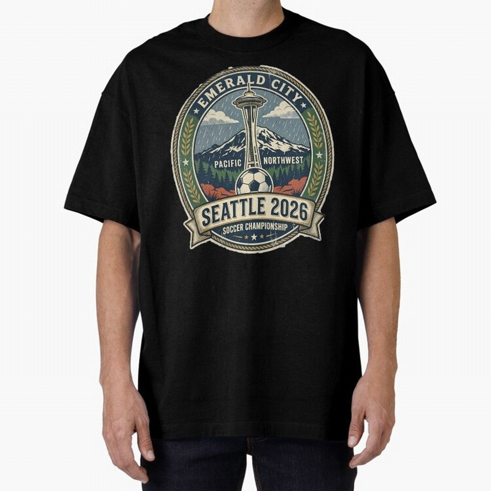 Seattle 2026 World Cup Host City Vintage Football Badge ¡ª Emerald City Space Needle Soccer Oversized T-Shirt Celebrate Global Passion for FIFA World Cup 2026 Highlighting Haaland, Argentina, France and Brazil Energy, Match Day Excitement,