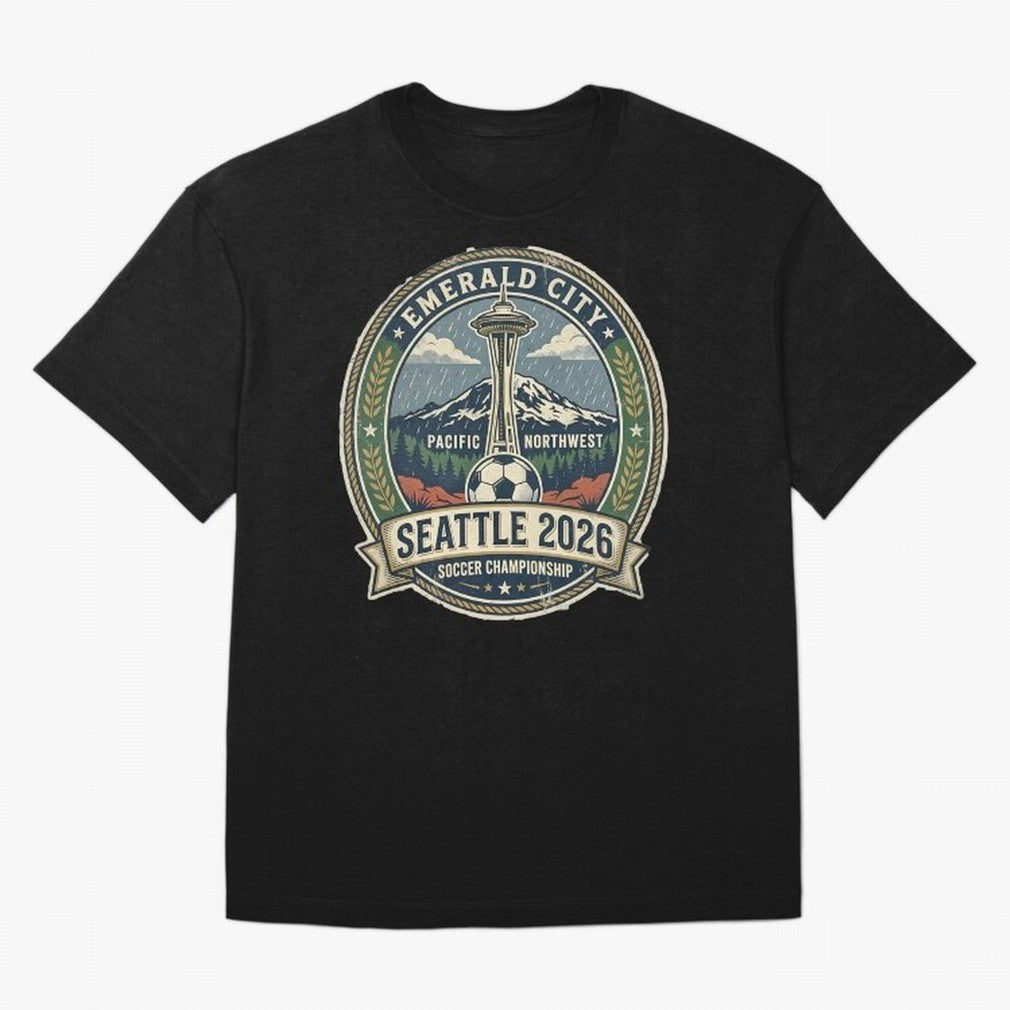 Seattle 2026 World Cup Host City Vintage Football Badge ¡ª Emerald City Space Needle Soccer Oversized T-Shirt Celebrate Global Passion for FIFA World Cup 2026 Highlighting Haaland, Argentina, France and Brazil Energy, Match Day Excitement,