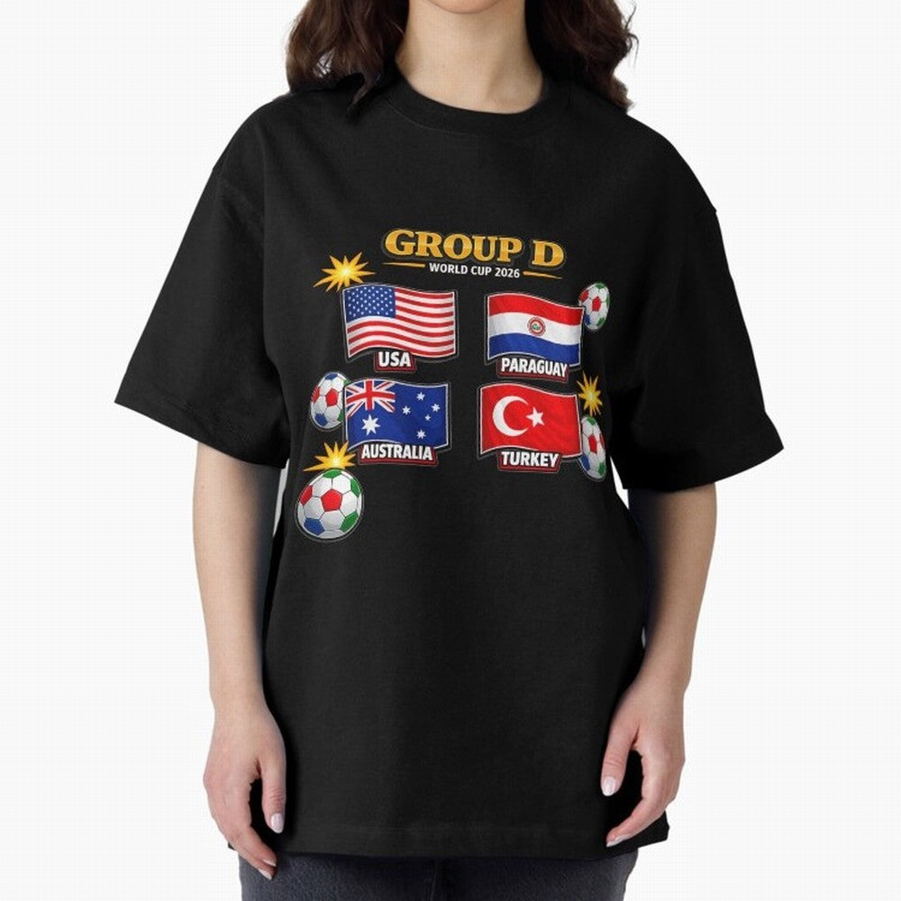 Group?D?¨C?World?Cup?2026?Flags Oversized T-Shirt Bring Stadium Energy to FIFA World Cup 2026 for Fans of Messi, CR7 and Mbappe and England, France and Netherlands, Bringing Goal Celebration Energy, Supporter Heritage, Football Icons and Worldwide