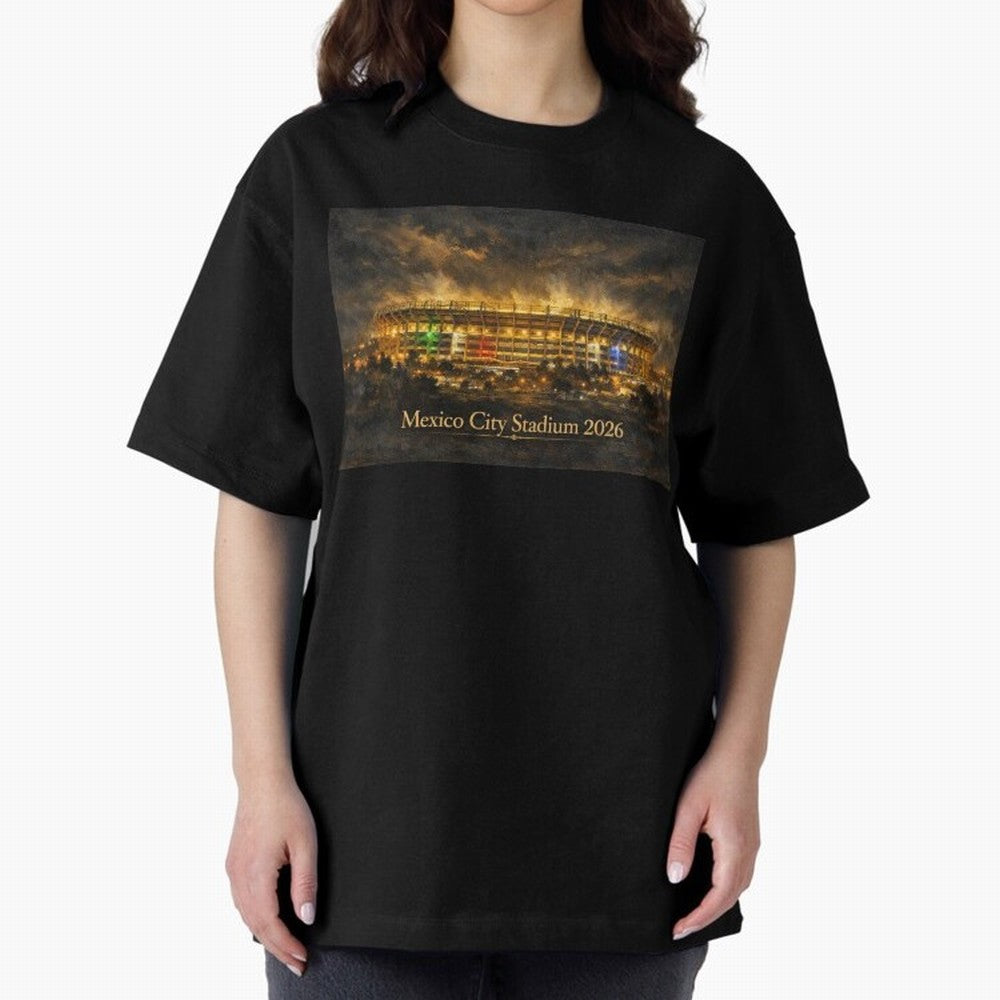 Mexico City Stadium at Night Oversized T-Shirt Honor Champions and Dreams in FIFA World Cup 2026 Group Stage Spirit, Celebrating Brazil, Portugal and Argentina, Mbappe and Neymar, Supporter Pride, Iconic Celebrations, Legendary Names and Global