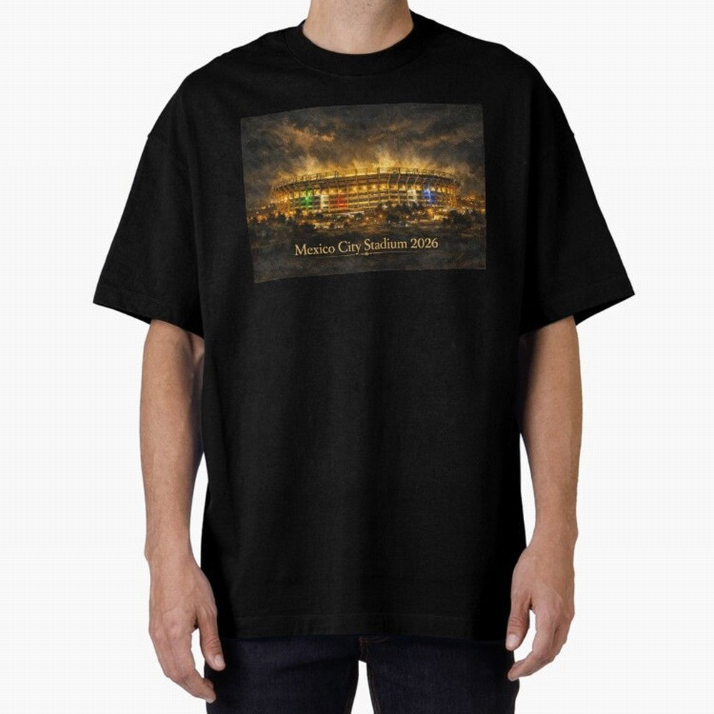 Mexico City Stadium at Night Oversized T-Shirt Honor Champions and Dreams in FIFA World Cup 2026 Group Stage Spirit, Celebrating Brazil, Portugal and Argentina, Mbappe and Neymar, Supporter Pride, Iconic Celebrations, Legendary Names and Global