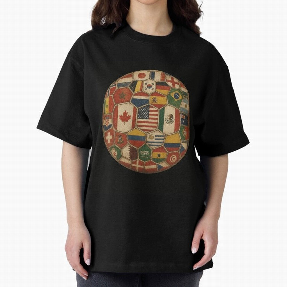 Vintage World Flags Soccer Ball,2026 International Football Graphic Gifts Tee Oversized T-Shirt Join the Countdown to Match Day Hype around FIFA World Cup 2026, CR7, Spain, Supporter Pride, Iconic Celebrations, Legendary Names and Global Match Day