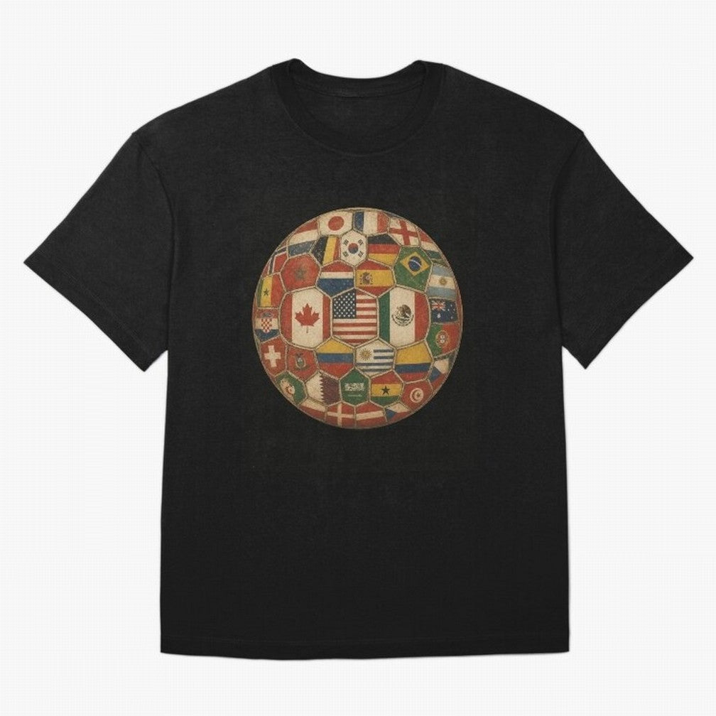 Vintage World Flags Soccer Ball,2026 International Football Graphic Gifts Tee Oversized T-Shirt Join the Countdown to Match Day Hype around FIFA World Cup 2026, CR7, Spain, Supporter Pride, Iconic Celebrations, Legendary Names and Global Match Day