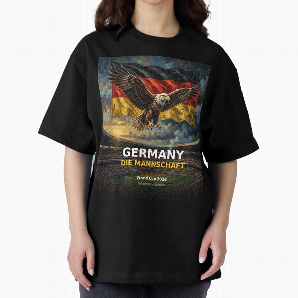 Germany Die Mannschaft - World Cup 2026 Soccer Fan Tee Oversized T-Shirt Capture Stadium Memories from FIFA World Cup 2026 Group Stage Spirit, Featuring England and Germany, Messi and Cristiano Ronaldo, Football Festival Excitement, Trophy