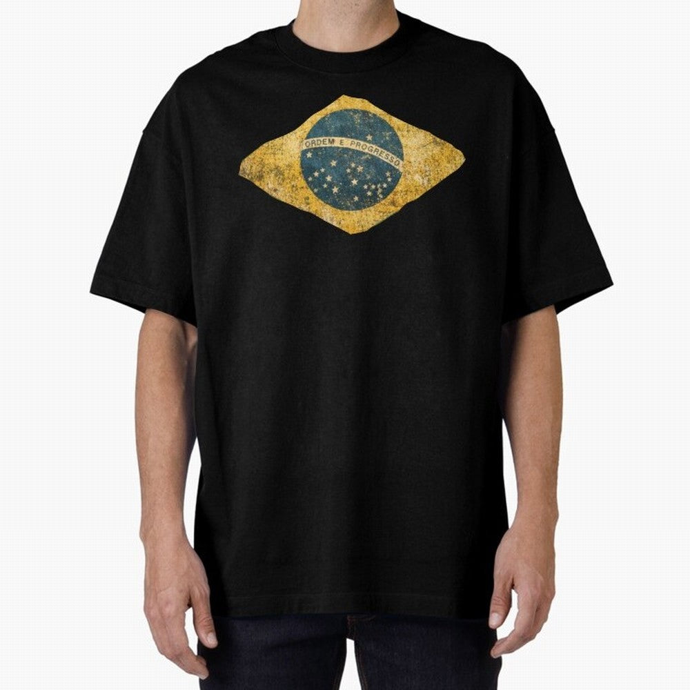 Vintage Brazil Flag Soccer Fan Design Oversized T-Shirt Cheer for Global Football Passion for FIFA World Cup 2026, Capturing CR7 and Messi, England and Germany, Fan Favorite Moments, National Team Passion, Big Match Drama and Soccer History; Great
