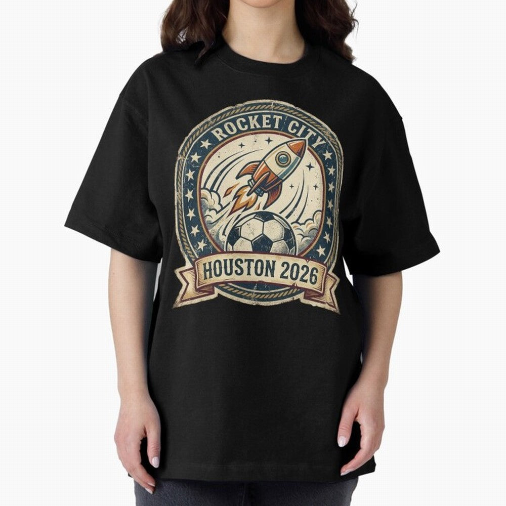Houston 2026 World Cup Host City Vintage Football Badge ¡ª Rocket City Space Soccer Crest Design Oversized T-Shirt Show Support during FIFA World Cup 2026 for Fans of Messi and Cristiano Ronaldo and Netherlands, Bringing Vintage Soccer Flavor,