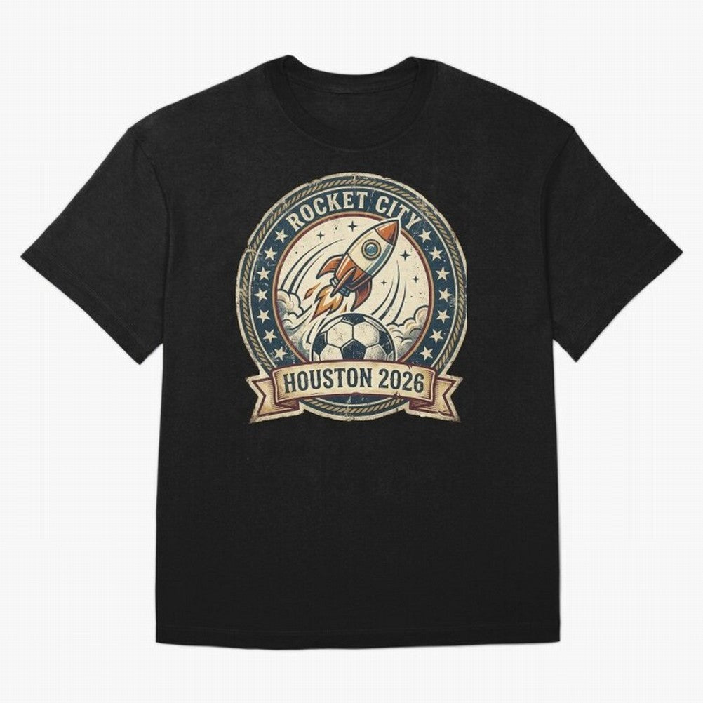 Houston 2026 World Cup Host City Vintage Football Badge ¡ª Rocket City Space Soccer Crest Design Oversized T-Shirt Show Support during FIFA World Cup 2026 for Fans of Messi and Cristiano Ronaldo and Netherlands, Bringing Vintage Soccer Flavor,