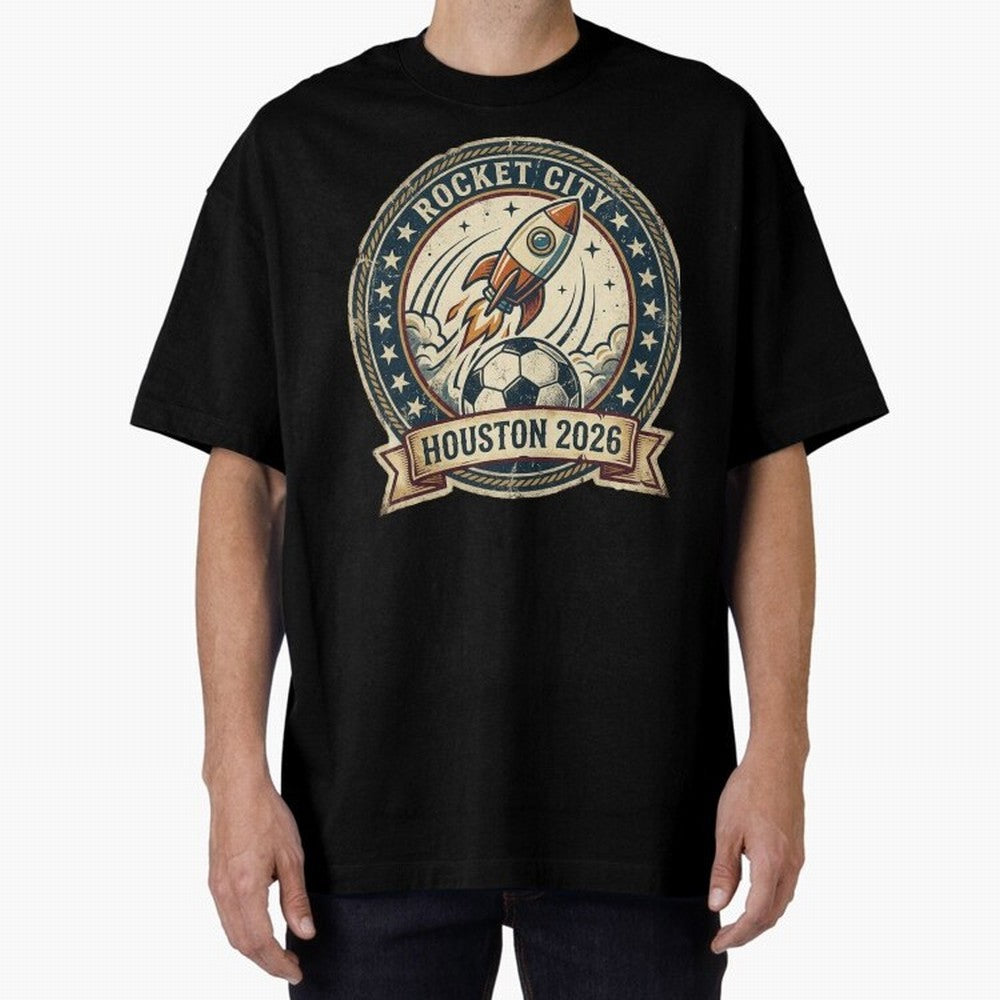 Houston 2026 World Cup Host City Vintage Football Badge ¡ª Rocket City Space Soccer Crest Design Oversized T-Shirt Show Support during FIFA World Cup 2026 for Fans of Messi and Cristiano Ronaldo and Netherlands, Bringing Vintage Soccer Flavor,