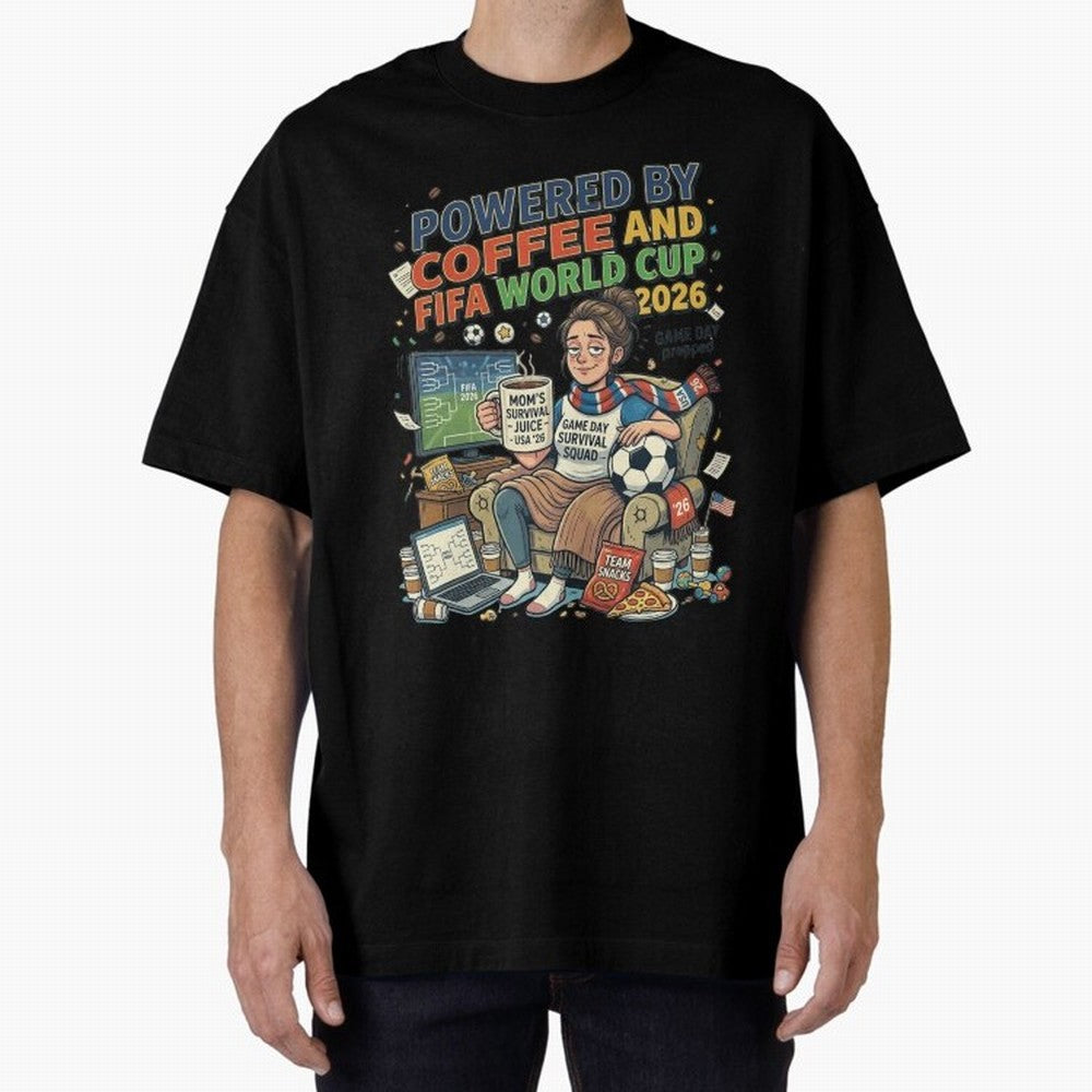 Soccer Mom Powered By Coffee And FIFA World Cup 2026 Funny USA Football Design Oversized T-Shirt Turn Football Passion into the FIFA World Cup 2026 Group Stage Journey through Messi and Cristiano Ronaldo Highlights, England Pride, Classic Soccer