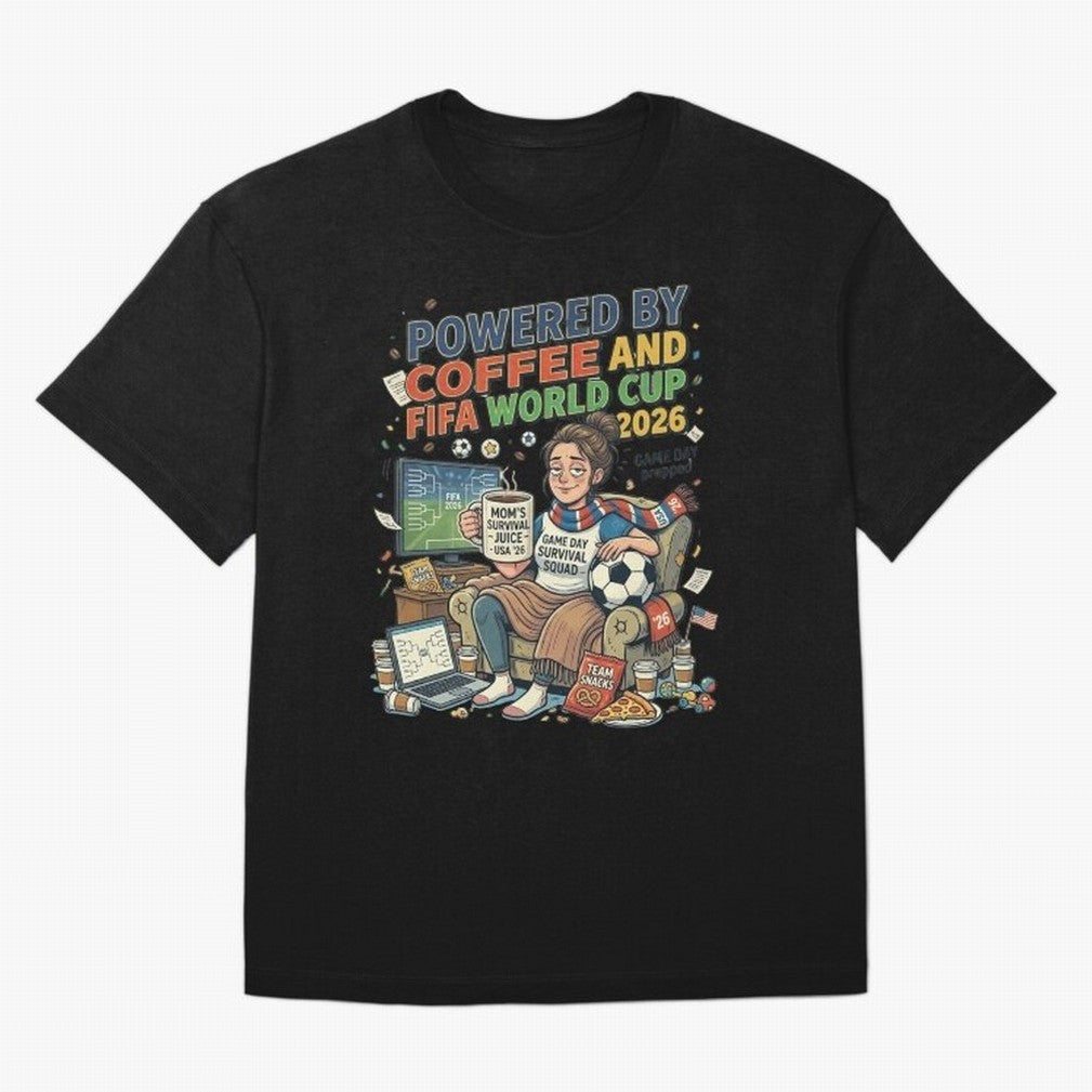 Soccer Mom Powered By Coffee And FIFA World Cup 2026 Funny USA Football Design Oversized T-Shirt Turn Football Passion into the FIFA World Cup 2026 Group Stage Journey through Messi and Cristiano Ronaldo Highlights, England Pride, Classic Soccer