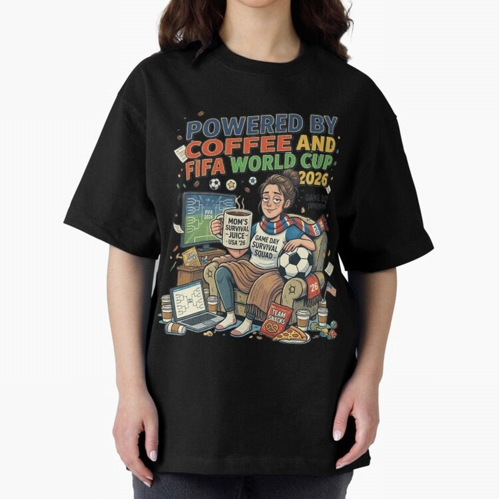Soccer Mom Powered By Coffee And FIFA World Cup 2026 Funny USA Football Design Oversized T-Shirt Turn Football Passion into the FIFA World Cup 2026 Group Stage Journey through Messi and Cristiano Ronaldo Highlights, England Pride, Classic Soccer