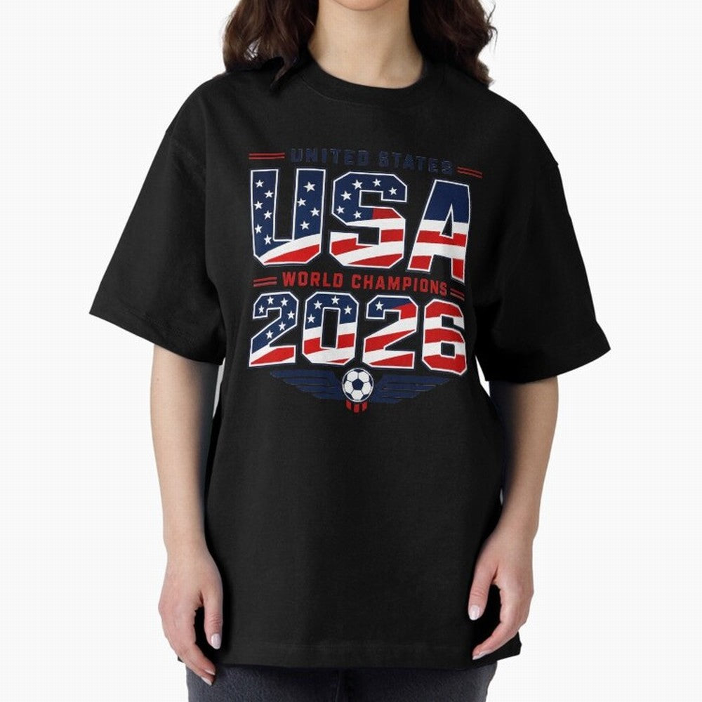 USA World Champions 2026 ¨C Patriotic Soccer Fan Shirt Oversized T-Shirt Elevate FIFA World Cup 2026 with Messi and Cristiano Ronaldo, Spain Energy, Sports Nostalgia, International Competition, Famous Players and Unforgettable Victories; Built for