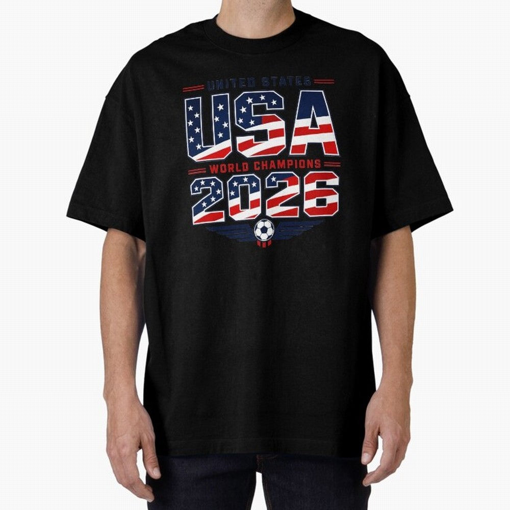 USA World Champions 2026 ¨C Patriotic Soccer Fan Shirt Oversized T-Shirt Elevate FIFA World Cup 2026 with Messi and Cristiano Ronaldo, Spain Energy, Sports Nostalgia, International Competition, Famous Players and Unforgettable Victories; Built for