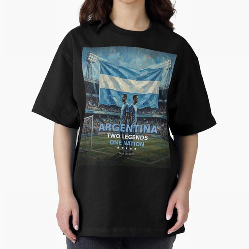 Argentina Two Legends One Nation - World Cup 2026 Soccer Fan Tee Oversized T-Shirt Show Championship Spirit for the FIFA World Cup 2026 Group Stage Journey through Neymar Highlights, Argentina Pride, Tournament Hype, Historic Matchups, Family