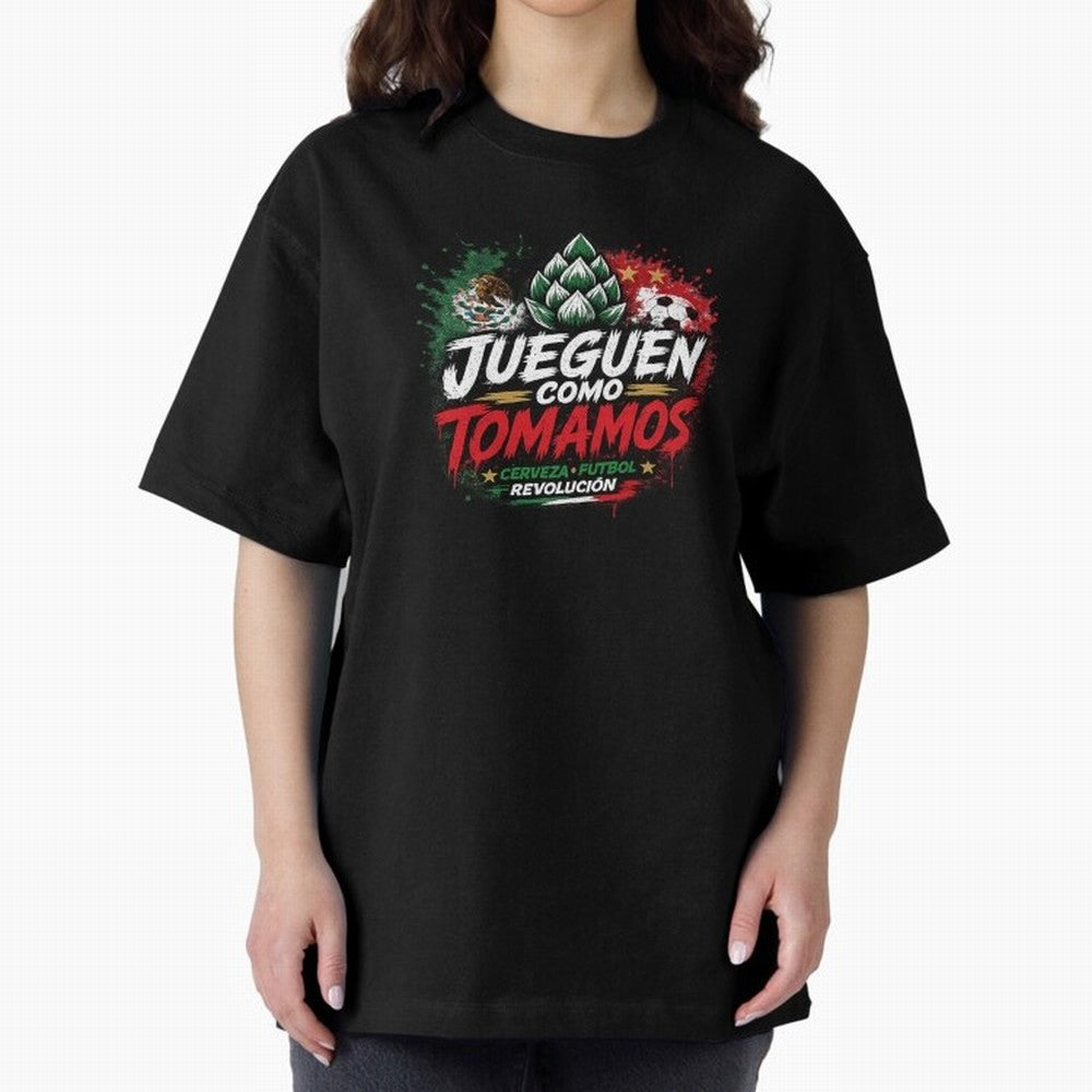 Jueguen Como Tomamos Futbol Cervecero Oversized T-Shirt Support Iconic Players in FIFA World Cup 2026 Group Stage Driven by Cristiano Ronaldo, Portugal Energy, Sports Nostalgia, International Competition, Famous Players and Unforgettable Victories;