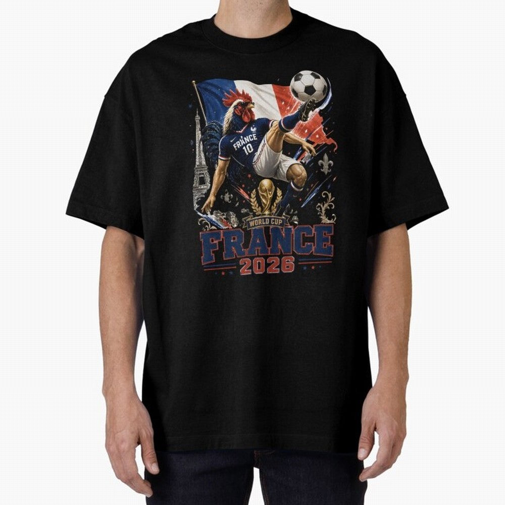 France Football World Cup 2026 Retro Rooster Kick - Les Bleus Oversized T-Shirt Relive Legendary Nights from FIFA World Cup 2026 Spirit, Celebrating France and Portugal, CR7, Tournament Hype, Historic Matchups, Family Viewing Parties and Global