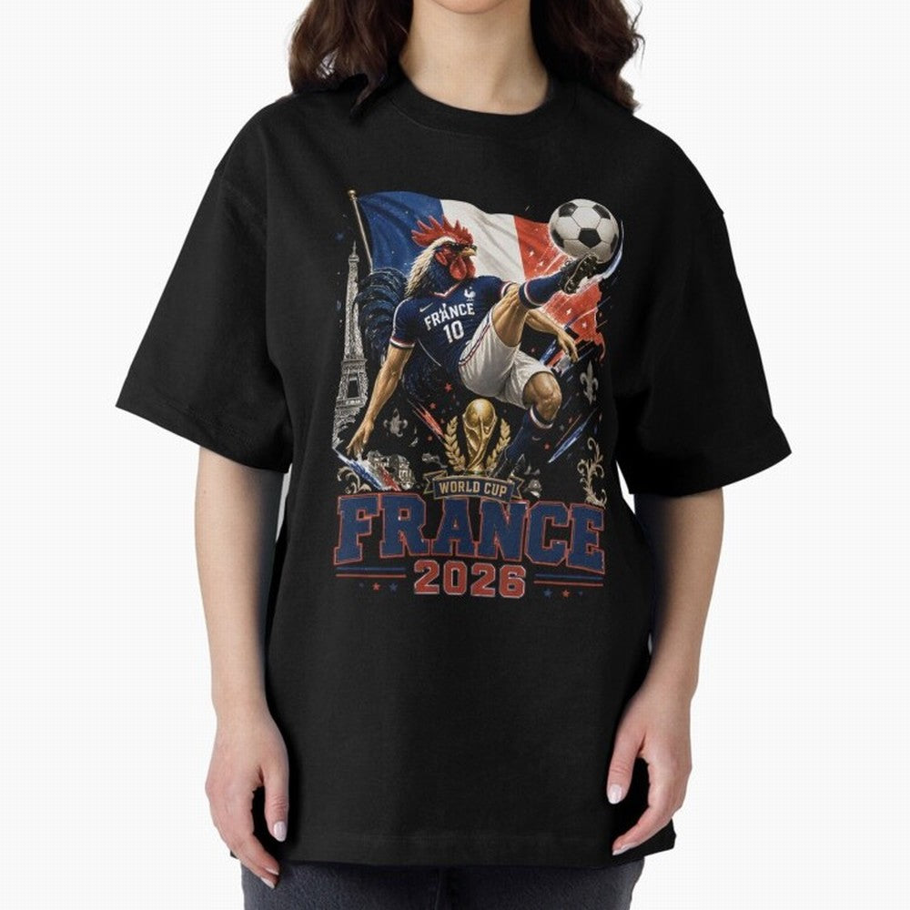 France Football World Cup 2026 Retro Rooster Kick - Les Bleus Oversized T-Shirt Relive Legendary Nights from FIFA World Cup 2026 Spirit, Celebrating France and Portugal, CR7, Tournament Hype, Historic Matchups, Family Viewing Parties and Global
