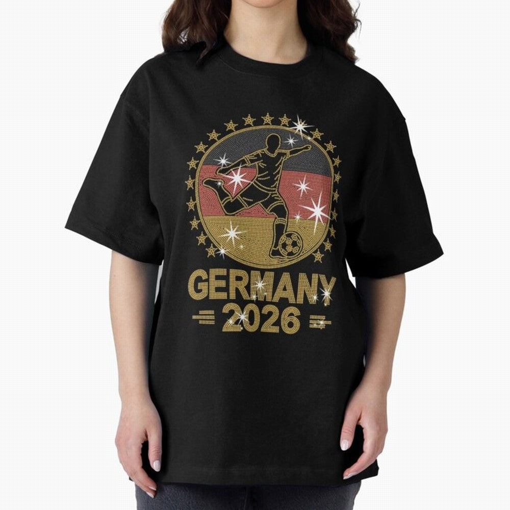 Germany Soccer World Cup 2026 Glitter Style Fan Art Oversized T-Shirt Follow Match Day Hype around FIFA World Cup 2026, Haaland and Mbappe, Spain and Netherlands, Stadium Chants, National Pride, Trophy Dreams and Unforgettable Football Memories;