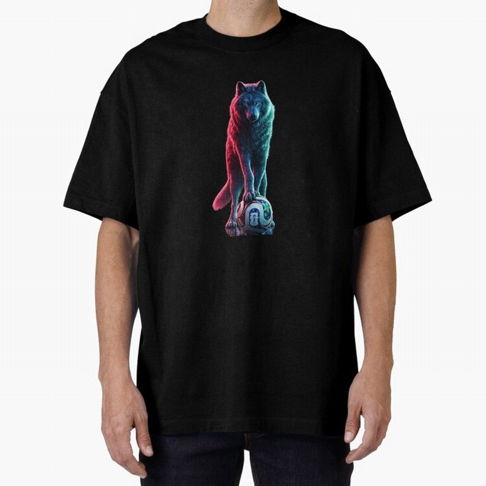 Neon Alpha Wolf with Soccer Ball | Futuristic Sports Fantasy Art Oversized T-Shirt Honor Champions and Dreams in the FIFA World Cup 2026 USA Canada Mexico Journey through Messi and Cristiano Ronaldo Highlights, Spain and Netherlands Pride, Champion