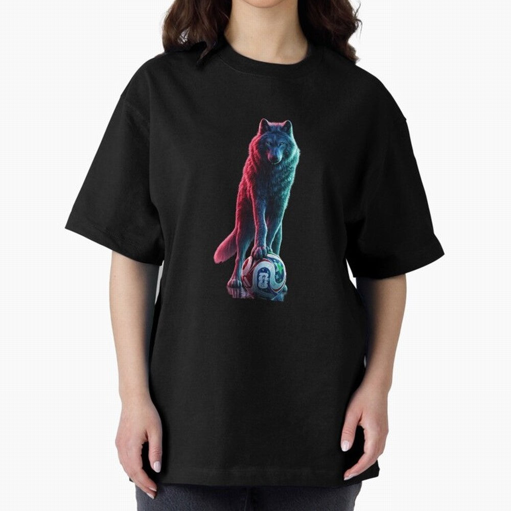 Neon Alpha Wolf with Soccer Ball | Futuristic Sports Fantasy Art Oversized T-Shirt Honor Champions and Dreams in the FIFA World Cup 2026 USA Canada Mexico Journey through Messi and Cristiano Ronaldo Highlights, Spain and Netherlands Pride, Champion
