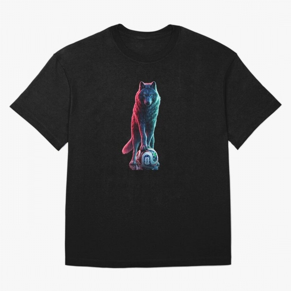 Neon Alpha Wolf with Soccer Ball | Futuristic Sports Fantasy Art Oversized T-Shirt Honor Champions and Dreams in the FIFA World Cup 2026 USA Canada Mexico Journey through Messi and Cristiano Ronaldo Highlights, Spain and Netherlands Pride, Champion