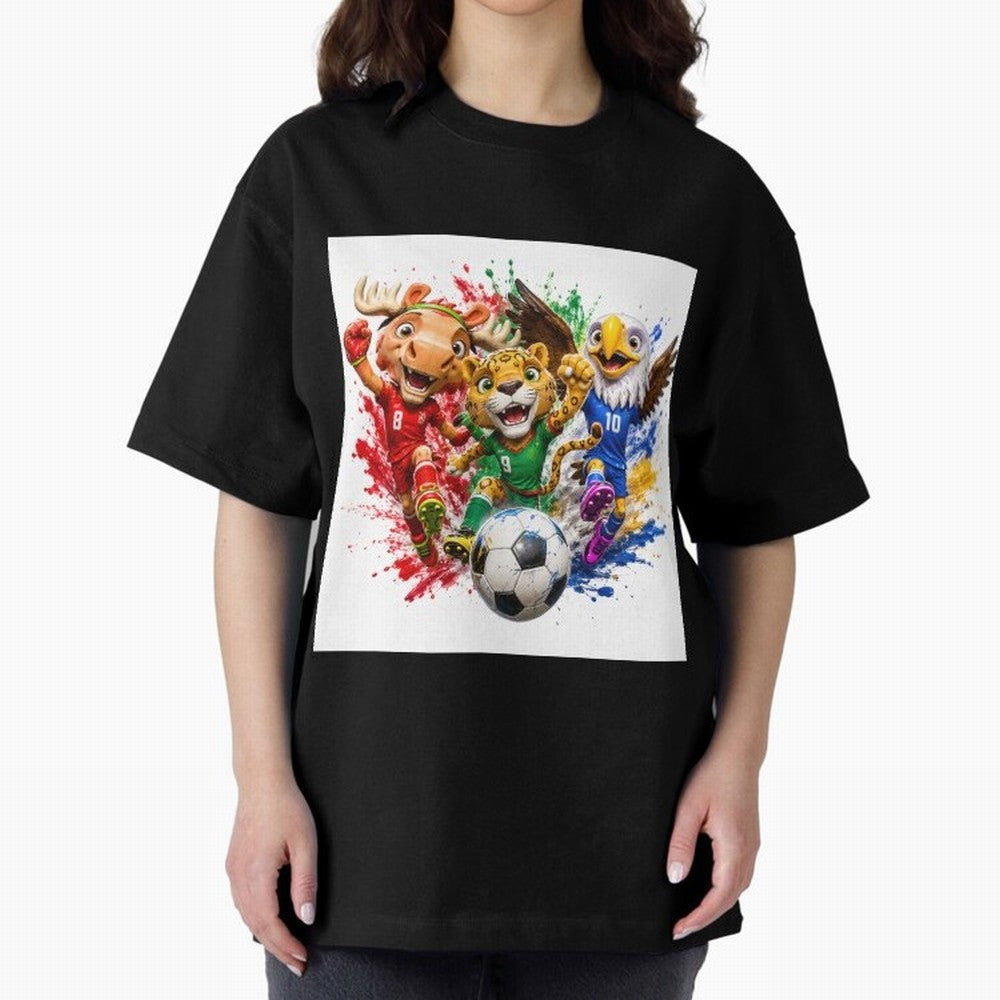 World Football Mascots ¨C Ultimate Soccer Fan Cartoon Design Oversized T-Shirt Bring Bold Fan Energy to the FIFA World Cup 2026 Journey through Messi, CR7 and Mbappe Highlights, France Pride, Football History, Final Match Energy, Crowd Noise and