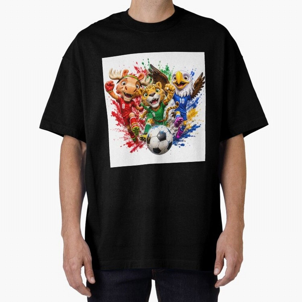 World Football Mascots ¨C Ultimate Soccer Fan Cartoon Design Oversized T-Shirt Bring Bold Fan Energy to the FIFA World Cup 2026 Journey through Messi, CR7 and Mbappe Highlights, France Pride, Football History, Final Match Energy, Crowd Noise and