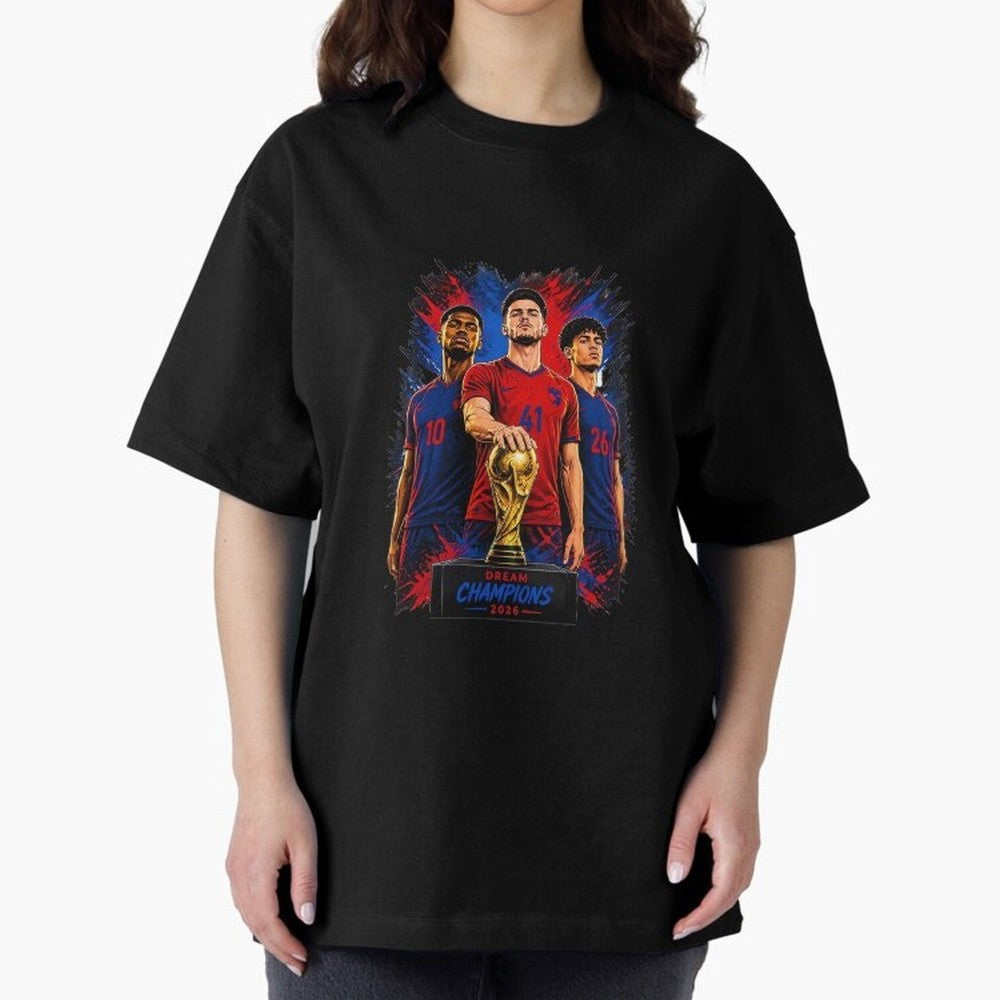 Dream Champions 2026 Football Streetwear Design | Trophy Graphic Tee Oversized T-Shirt Show Support during FIFA World Cup 2026 Group Stage for Fans of Messi, Neymar and Mbappe and Brazil, Bringing Championship Spirit, Famous Goals, Roaring Crowds