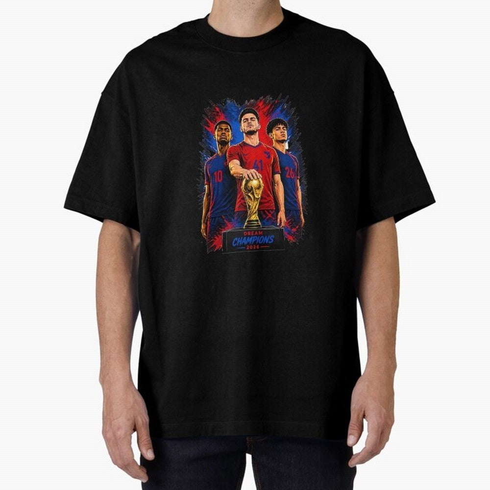 Dream Champions 2026 Football Streetwear Design | Trophy Graphic Tee Oversized T-Shirt Show Support during FIFA World Cup 2026 Group Stage for Fans of Messi, Neymar and Mbappe and Brazil, Bringing Championship Spirit, Famous Goals, Roaring Crowds