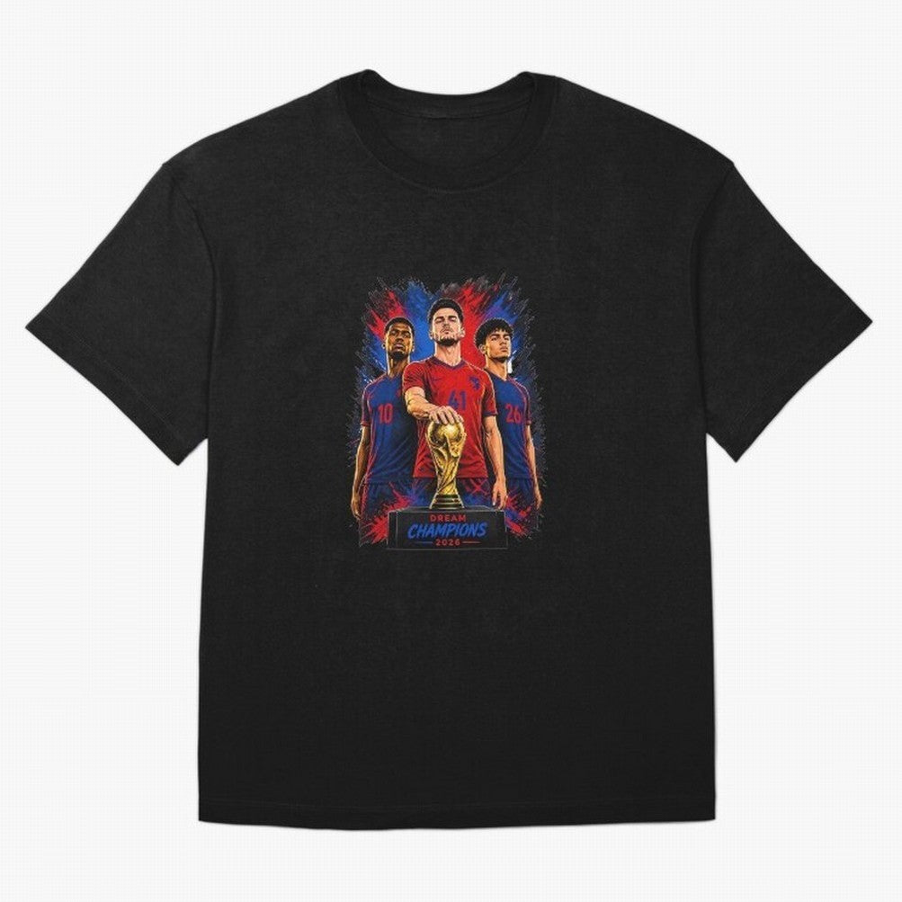 Dream Champions 2026 Football Streetwear Design | Trophy Graphic Tee Oversized T-Shirt Show Support during FIFA World Cup 2026 Group Stage for Fans of Messi, Neymar and Mbappe and Brazil, Bringing Championship Spirit, Famous Goals, Roaring Crowds