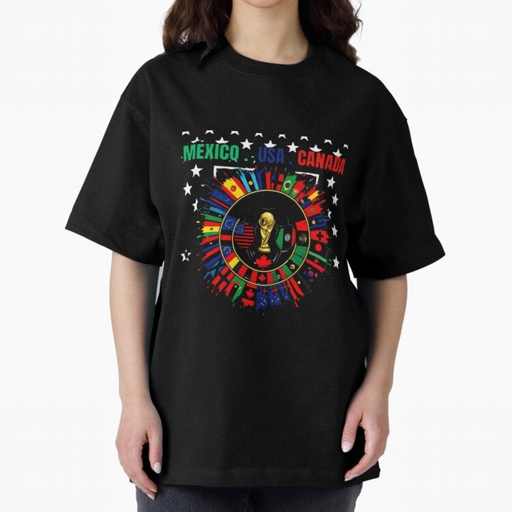 Multinational Nations Flags Badge Oversized T-Shirt Celebrate National Team Dreams in FIFA World Cup 2026 USA Canada Mexico Featuring Haaland and Mbappe, Argentina and Brazil Energy, Game Day Rituals, Football Legends, Country Pride and the Road to