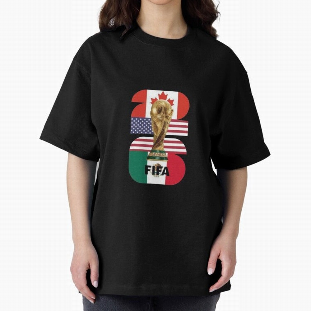 Three Nations Host Trophy Vertical Oversized T-Shirt Join the Countdown to Global Football Passion for FIFA World Cup 2026 USA Canada Mexico, Highlighting Cristiano Ronaldo, Haaland and CR7, England and Germany, Worldwide Fan Energy, Dramatic