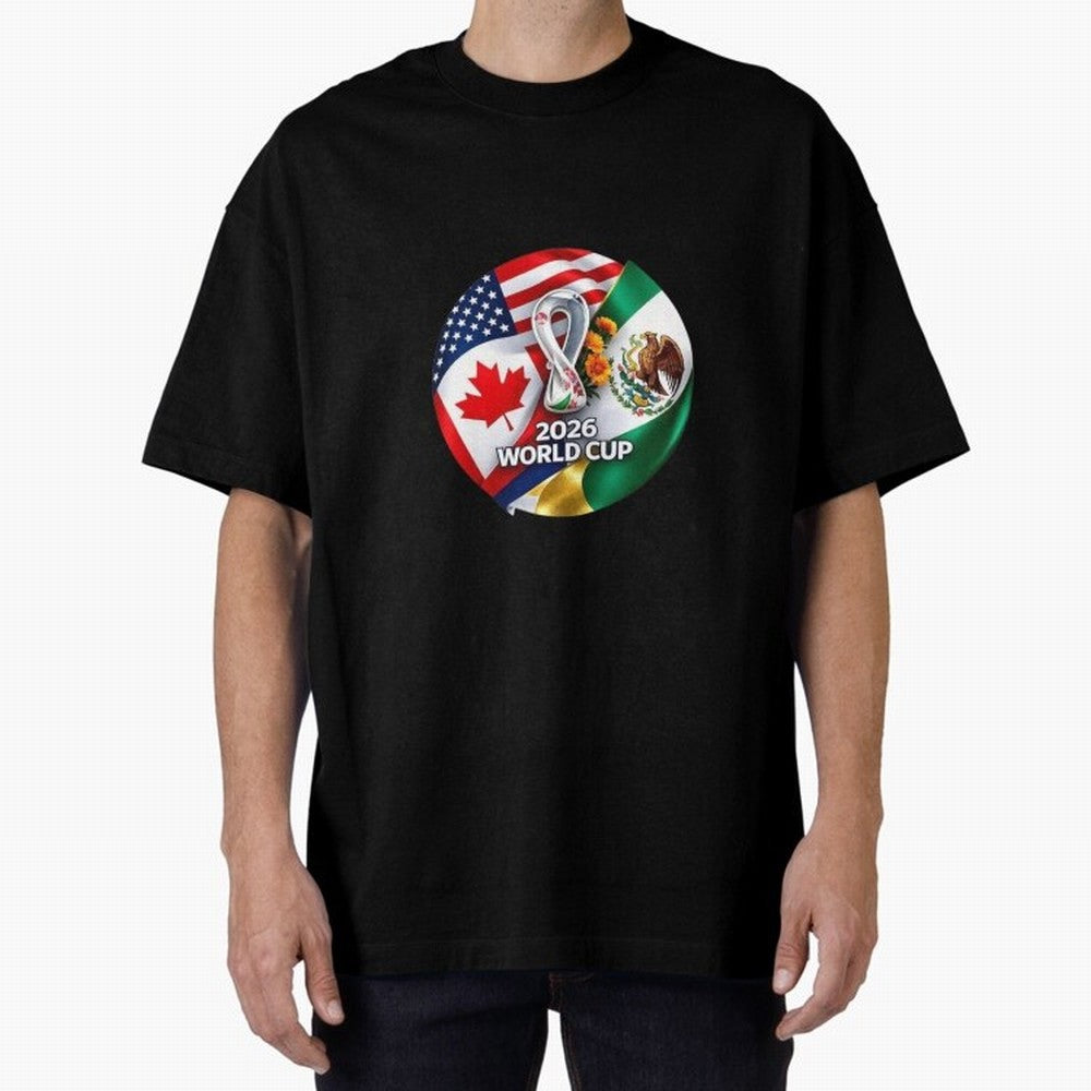 Host Trio Flags Circular Emblem Oversized T-Shirt Carry the Colors and Pride of FIFA World Cup 2026 USA Canada Mexico for Fans of Cristiano Ronaldo, Haaland and CR7 and England, France and Netherlands, Bringing Football History, Final Match Energy,