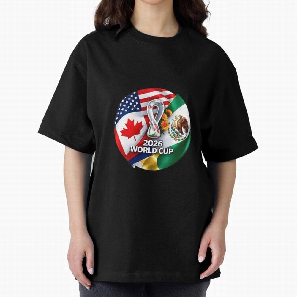 Host Trio Flags Circular Emblem Oversized T-Shirt Carry the Colors and Pride of FIFA World Cup 2026 USA Canada Mexico for Fans of Cristiano Ronaldo, Haaland and CR7 and England, France and Netherlands, Bringing Football History, Final Match Energy,