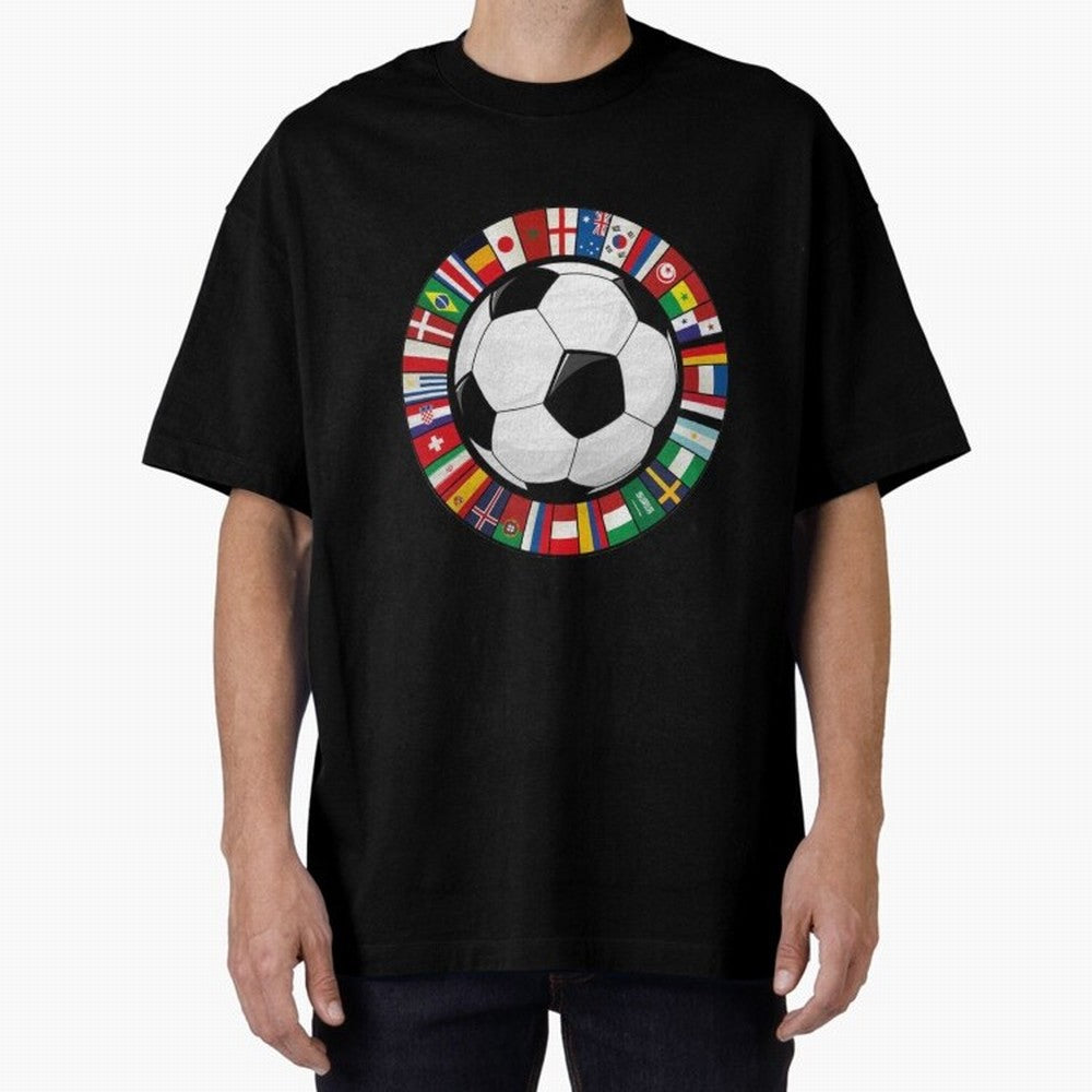 Global Nations Football Circle Art Oversized T-Shirt Celebrate Football Heritage in FIFA World Cup 2026 for Fans of Messi, Neymar and Mbappe and Portugal, Spain and Germany, Bringing Stadium Chants, National Pride, Trophy Dreams and Unforgettable