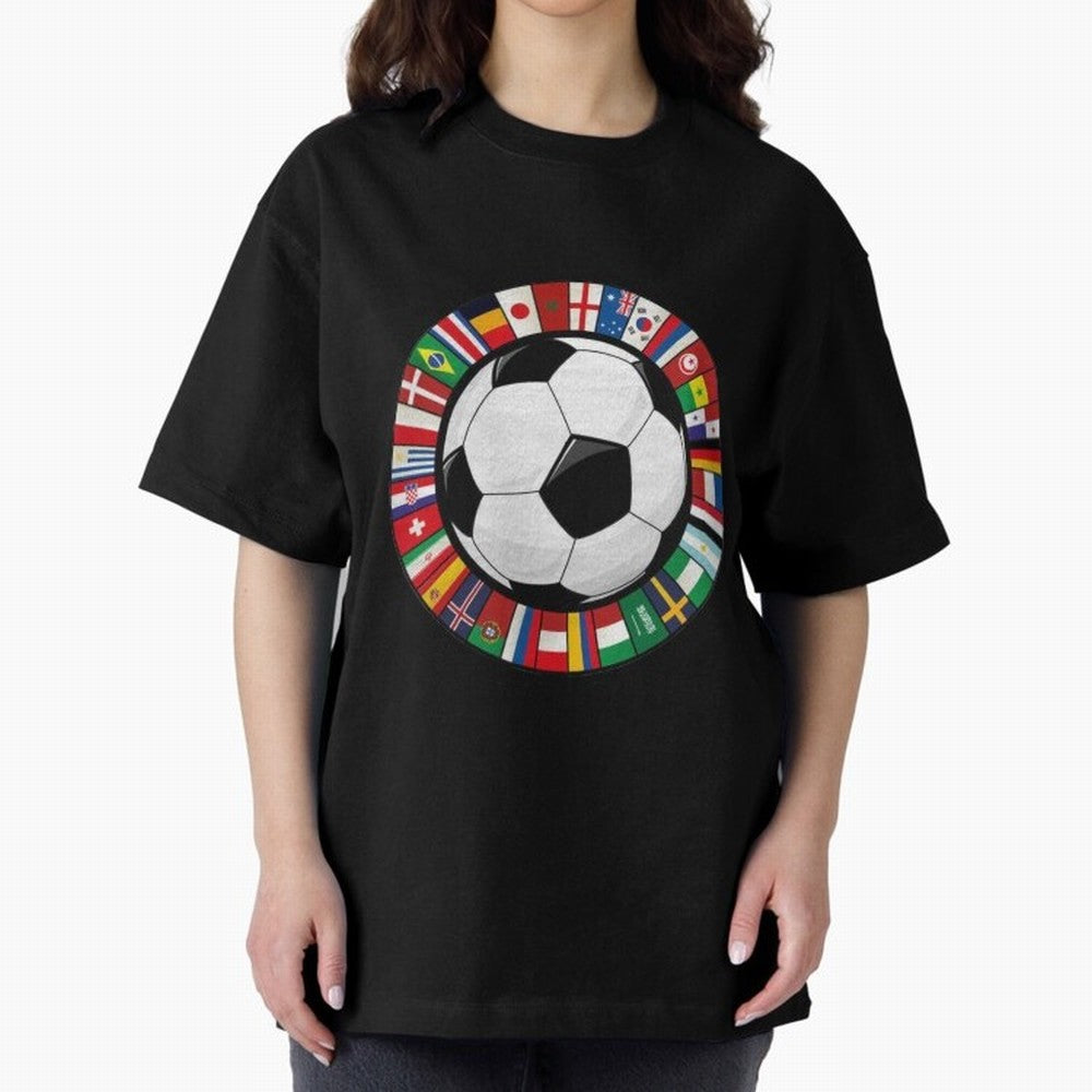 Global Nations Football Circle Art Oversized T-Shirt Celebrate Football Heritage in FIFA World Cup 2026 for Fans of Messi, Neymar and Mbappe and Portugal, Spain and Germany, Bringing Stadium Chants, National Pride, Trophy Dreams and Unforgettable