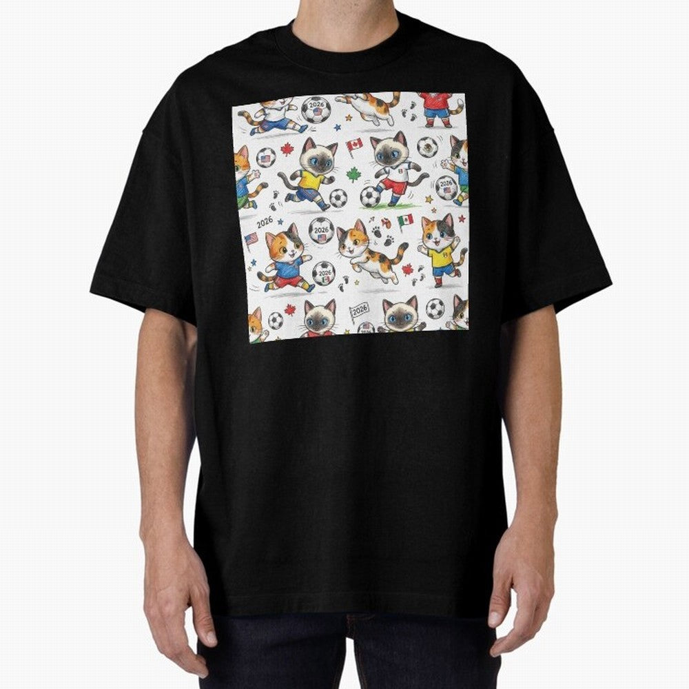 Chibi Soccer Cats 2026 - Cute Football Kittens Pattern Oversized T-Shirt Live for the Drama of FIFA World Cup 2026 Spirit, Filled with France and Portugal, Messi, Neymar and Mbappe, Soccer Culture, Superstar Moments, National Team Dreams and