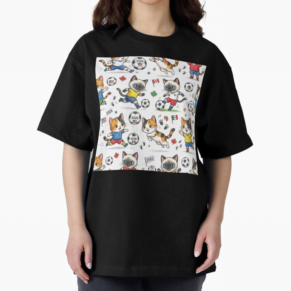 Chibi Soccer Cats 2026 - Cute Football Kittens Pattern Oversized T-Shirt Live for the Drama of FIFA World Cup 2026 Spirit, Filled with France and Portugal, Messi, Neymar and Mbappe, Soccer Culture, Superstar Moments, National Team Dreams and
