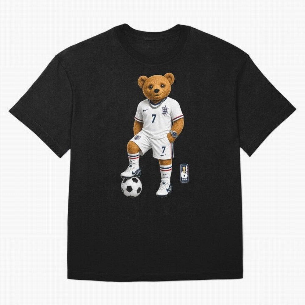 England Soccer Bear World Cup Teddy Bear Oversized T-Shirt Bring Retro Soccer Energy to Match Day Hype around FIFA World Cup 2026 Group Stage, Haaland and Mbappe, Argentina, France and Brazil, Championship Spirit, Famous Goals, Roaring Crowds and