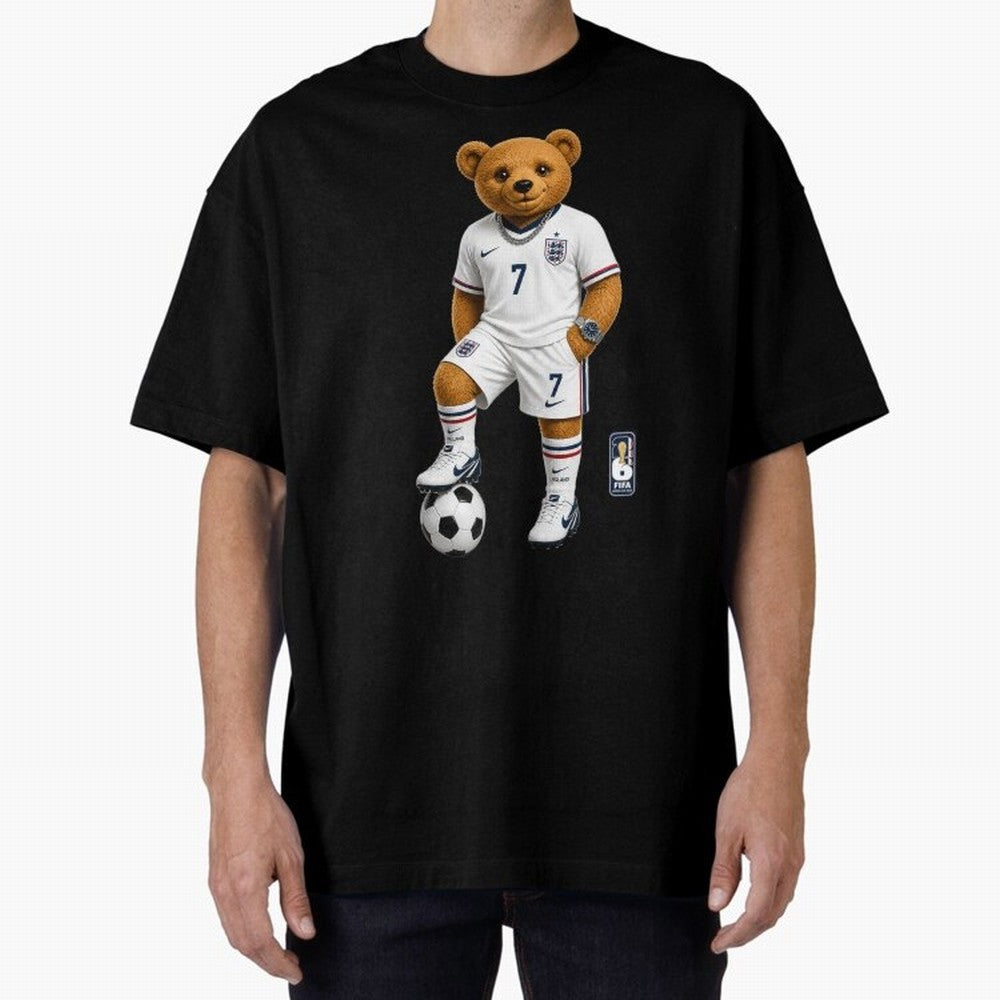England Soccer Bear World Cup Teddy Bear Oversized T-Shirt Bring Retro Soccer Energy to Match Day Hype around FIFA World Cup 2026 Group Stage, Haaland and Mbappe, Argentina, France and Brazil, Championship Spirit, Famous Goals, Roaring Crowds and
