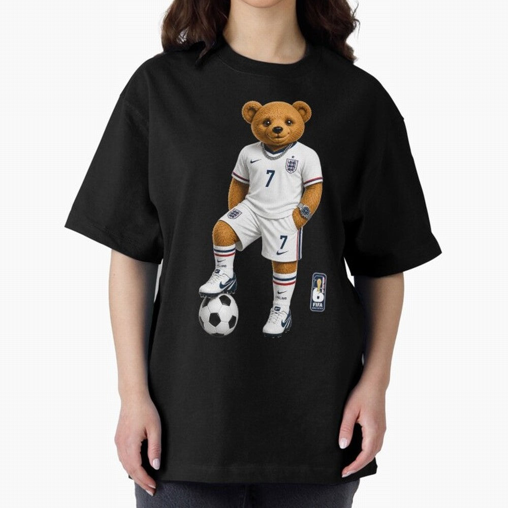 England Soccer Bear World Cup Teddy Bear Oversized T-Shirt Bring Retro Soccer Energy to Match Day Hype around FIFA World Cup 2026 Group Stage, Haaland and Mbappe, Argentina, France and Brazil, Championship Spirit, Famous Goals, Roaring Crowds and