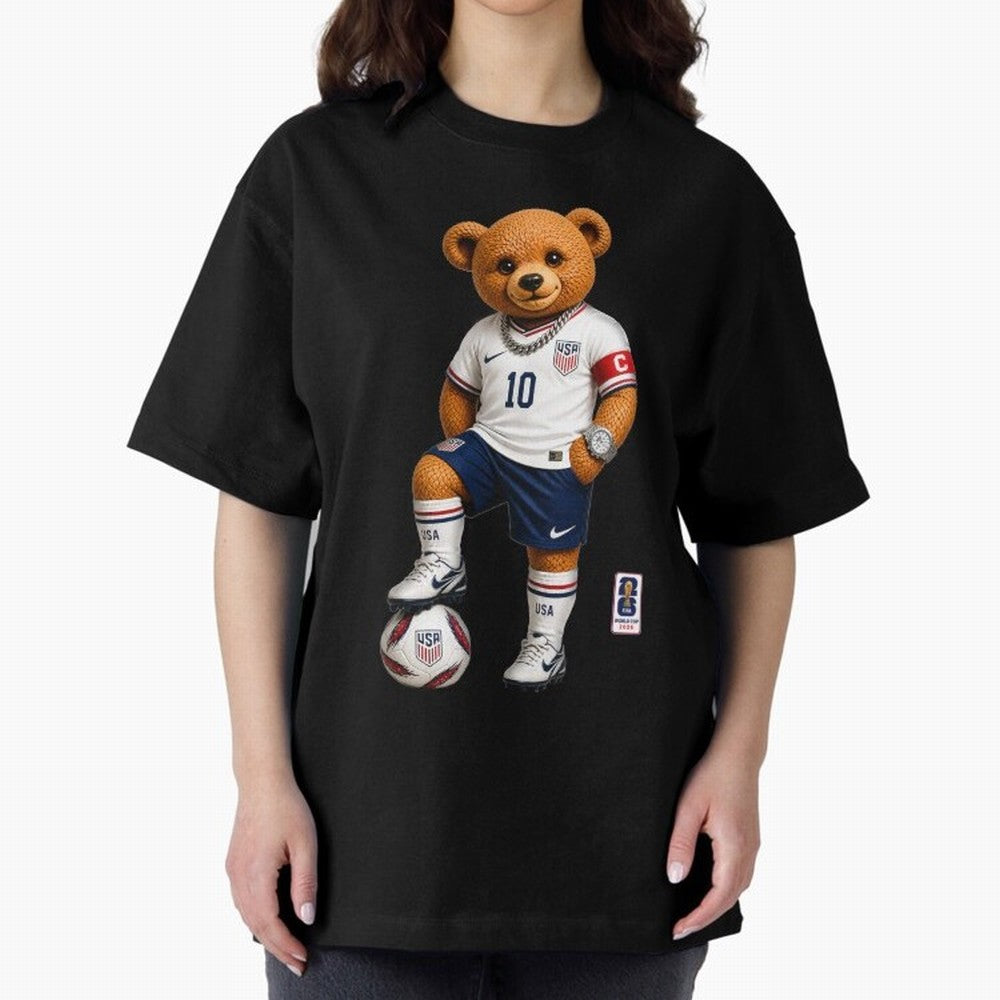 USA Soccer Bear World Cup 2026 Teddy Bear Oversized T-Shirt Keep the Match Day Mood of FIFA World Cup 2026 USA Canada Mexico Spirit, Built around Brazil, Portugal and Argentina, Mbappe and Neymar, Match Day Excitement, Supporter Culture, Golden