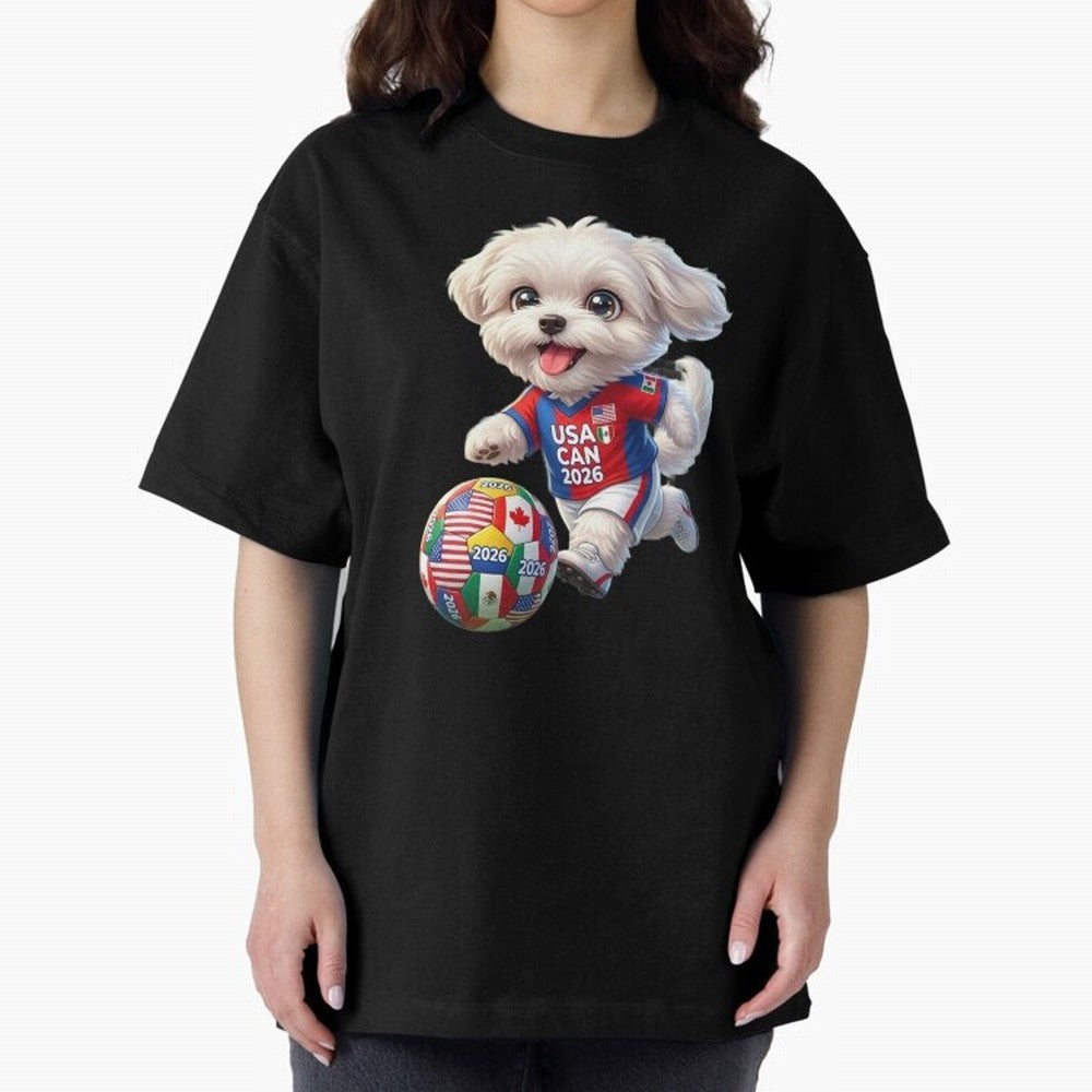 Cute Maltese Soccer Star - FIFA 2026 World Cup Edition Oversized T-Shirt Feel the FIFA World Cup 2026 Group Stage Journey through Messi and Cristiano Ronaldo Highlights, Argentina and Brazil Pride, Match Day Excitement, Supporter Culture, Golden