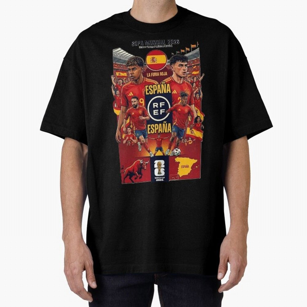 Spain 2026 ¨C La Furia Roja World Cup Poster Oversized T-Shirt Follow the Final Road of Match Day Hype around FIFA World Cup 2026, Cristiano Ronaldo, Haaland and CR7, Netherlands, Sports Nostalgia, International Competition, Famous Players and