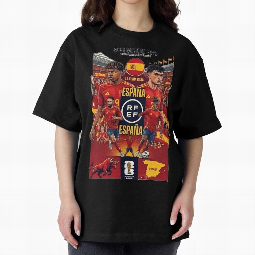 Spain 2026 ¨C La Furia Roja World Cup Poster Oversized T-Shirt Follow the Final Road of Match Day Hype around FIFA World Cup 2026, Cristiano Ronaldo, Haaland and CR7, Netherlands, Sports Nostalgia, International Competition, Famous Players and