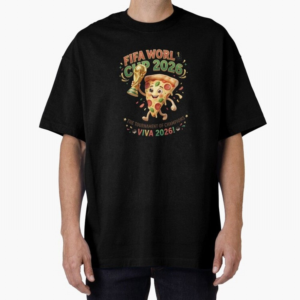 Happy Pizza Character Holding World Cup 2026 Trophy Oversized T-Shirt Turn Up for the FIFA World Cup 2026 Group Stage Journey through CR7 and Messi Highlights, England and Germany Pride, Goal Celebration Energy, Supporter Heritage, Football Icons