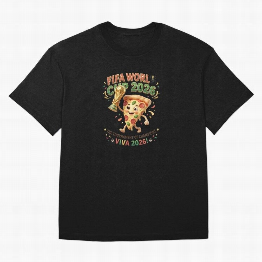 Happy Pizza Character Holding World Cup 2026 Trophy Oversized T-Shirt Turn Up for the FIFA World Cup 2026 Group Stage Journey through CR7 and Messi Highlights, England and Germany Pride, Goal Celebration Energy, Supporter Heritage, Football Icons