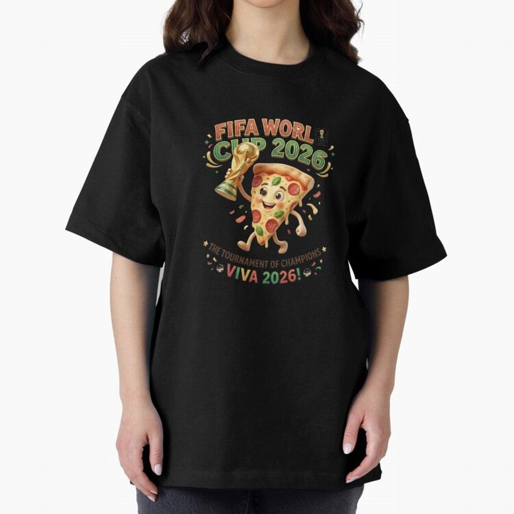 Happy Pizza Character Holding World Cup 2026 Trophy Oversized T-Shirt Turn Up for the FIFA World Cup 2026 Group Stage Journey through CR7 and Messi Highlights, England and Germany Pride, Goal Celebration Energy, Supporter Heritage, Football Icons